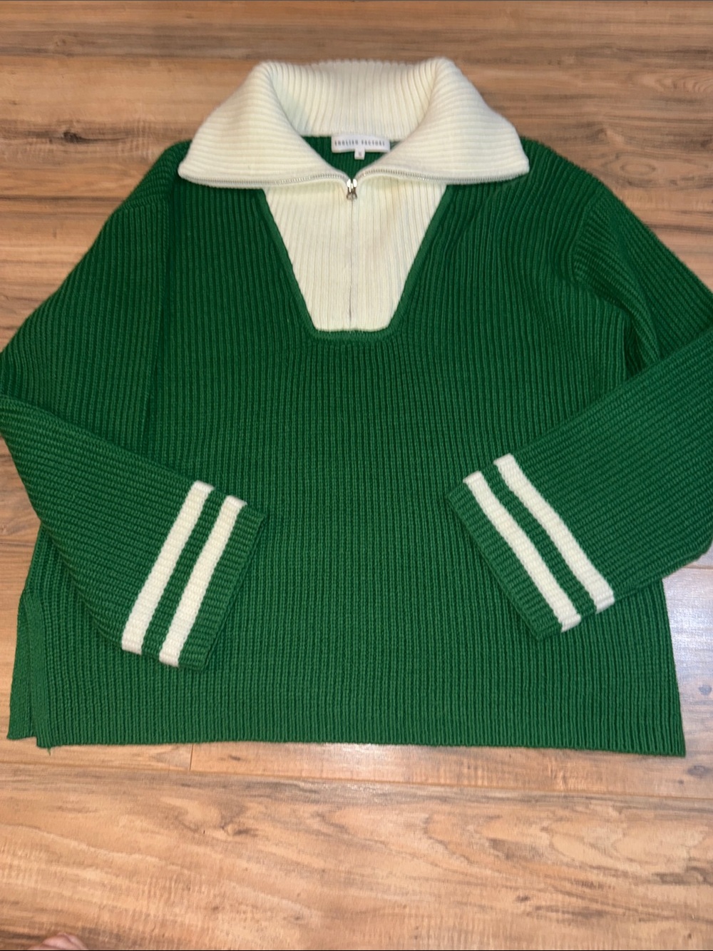 English Factory Green Sweater with Cream Zip Collar M
